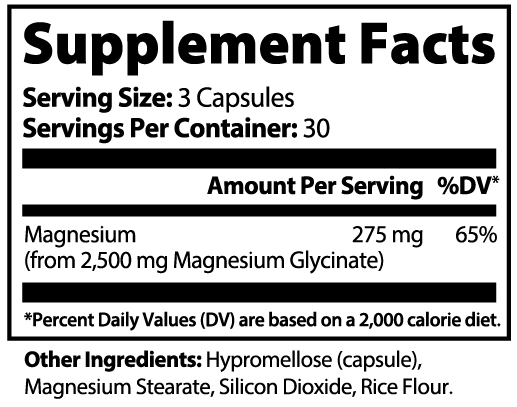 Supplement Facts label showing magnesium 275 mg per serving and other ingredients